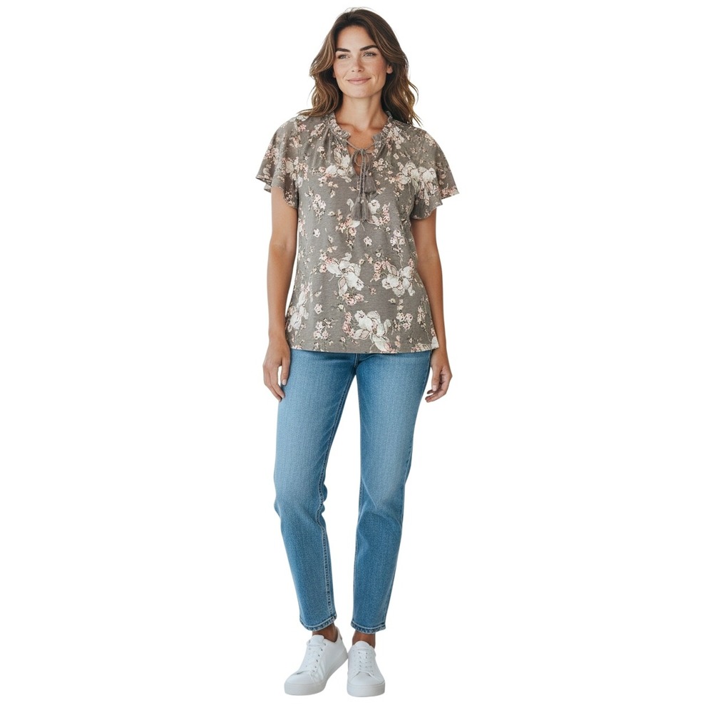 Lauren Ralph Lauren Floral Linen Blend Tassel Tie Ruffle Top Olive Brown Small